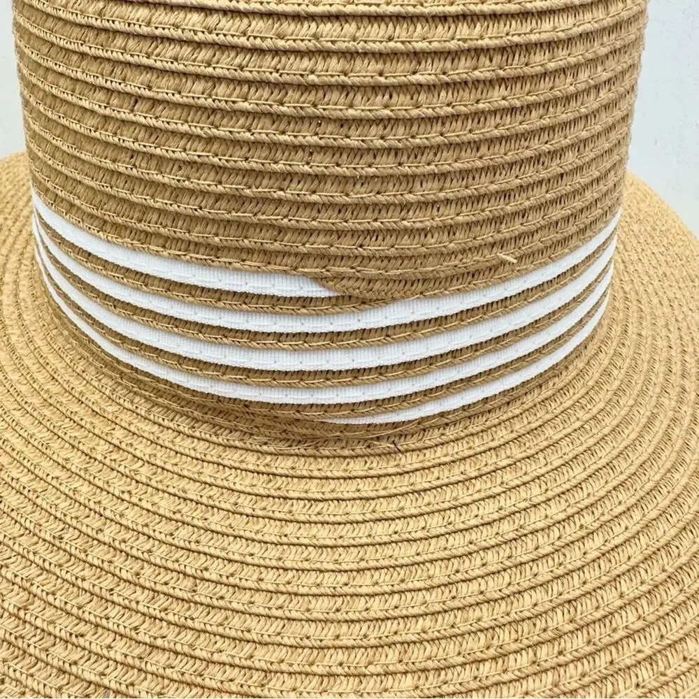 Adrienne Vittadini straw fedora hat in Toast w/ white‎ stripe band One Size NWT